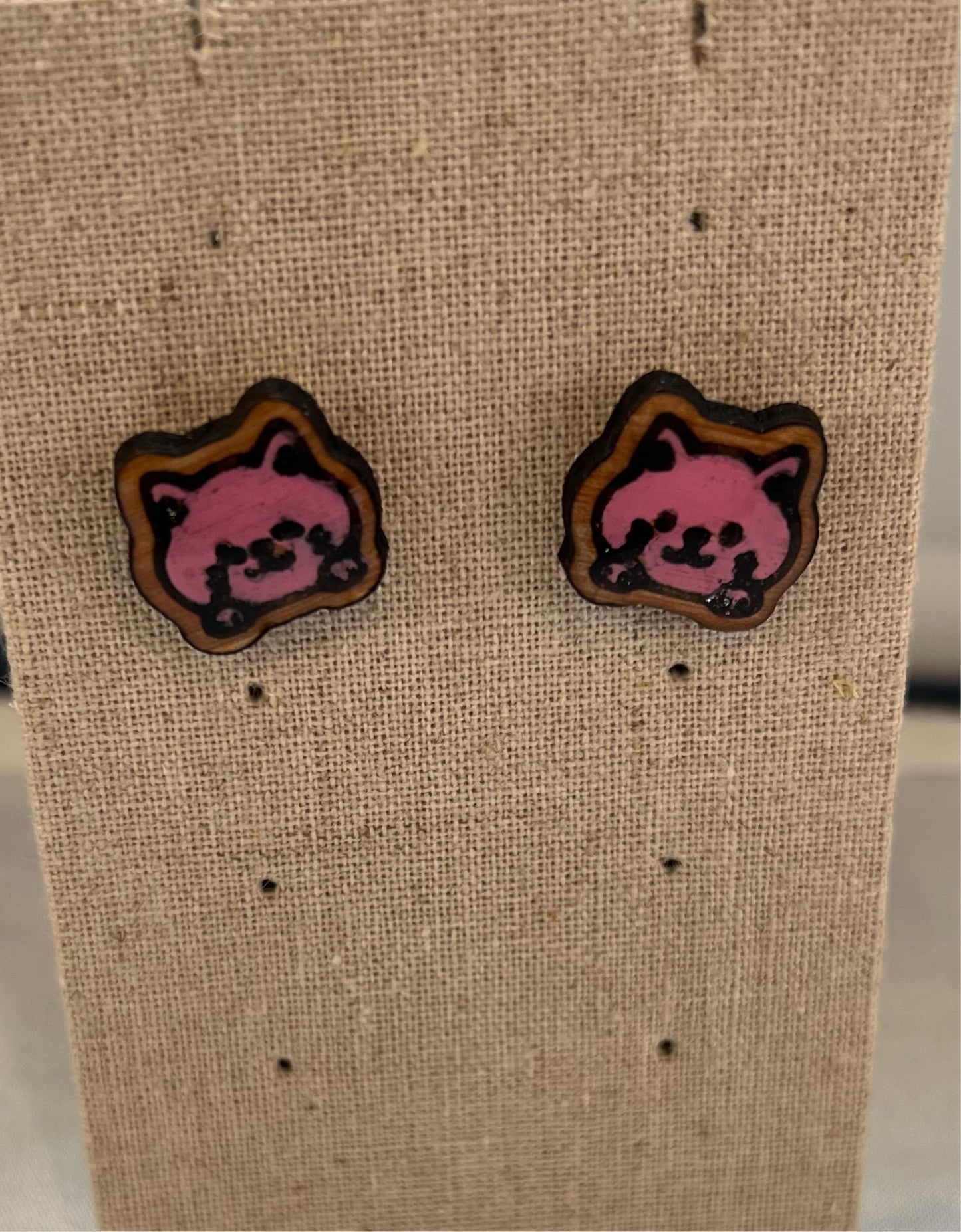 Wood Pink Cat Earrings - Handmade Earring Pair