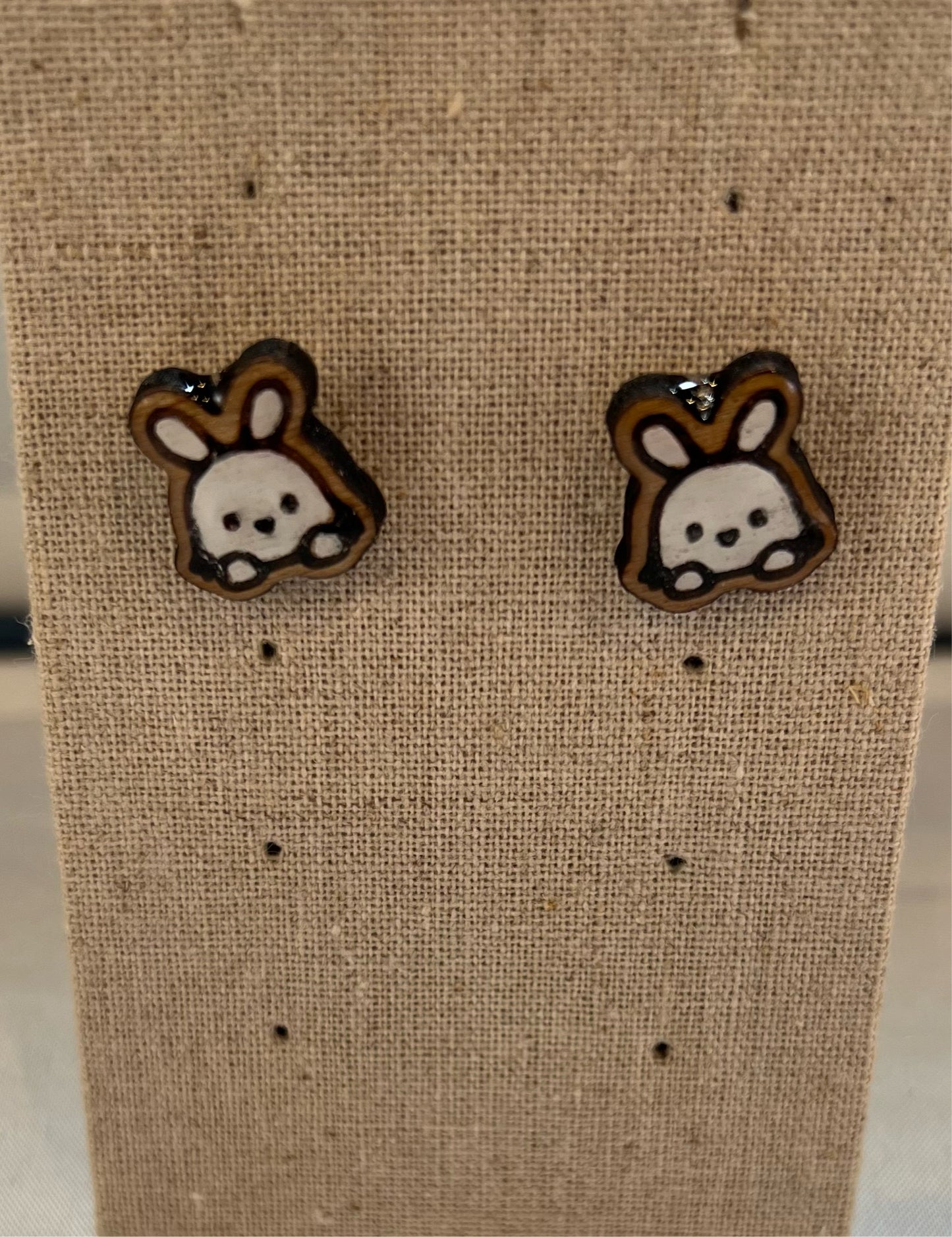 Wood White Bunny Earrings - Handmade Earring Pair