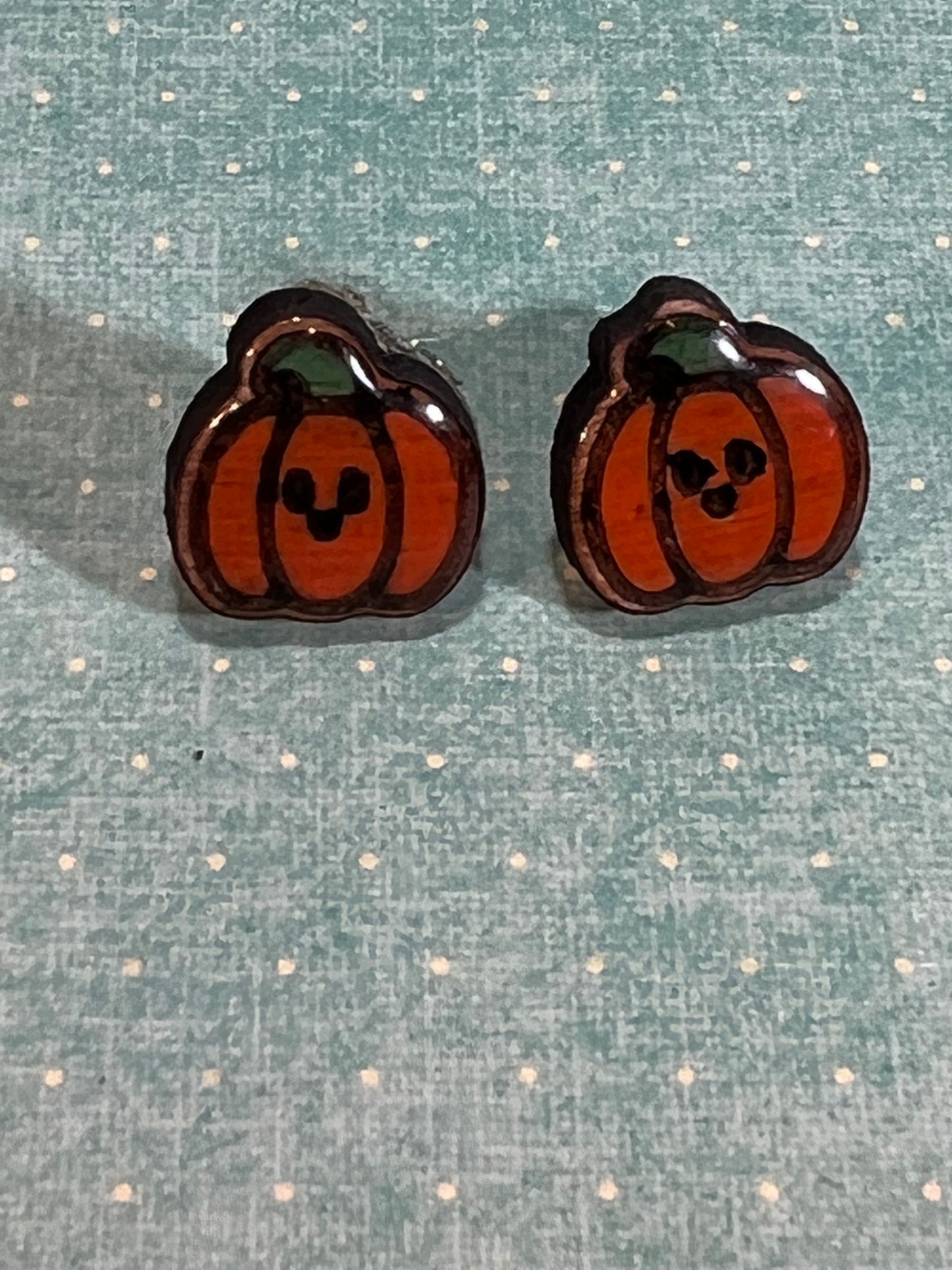 Kawaii Pumpkin Earrings Handpainted Wooden Studs Pair