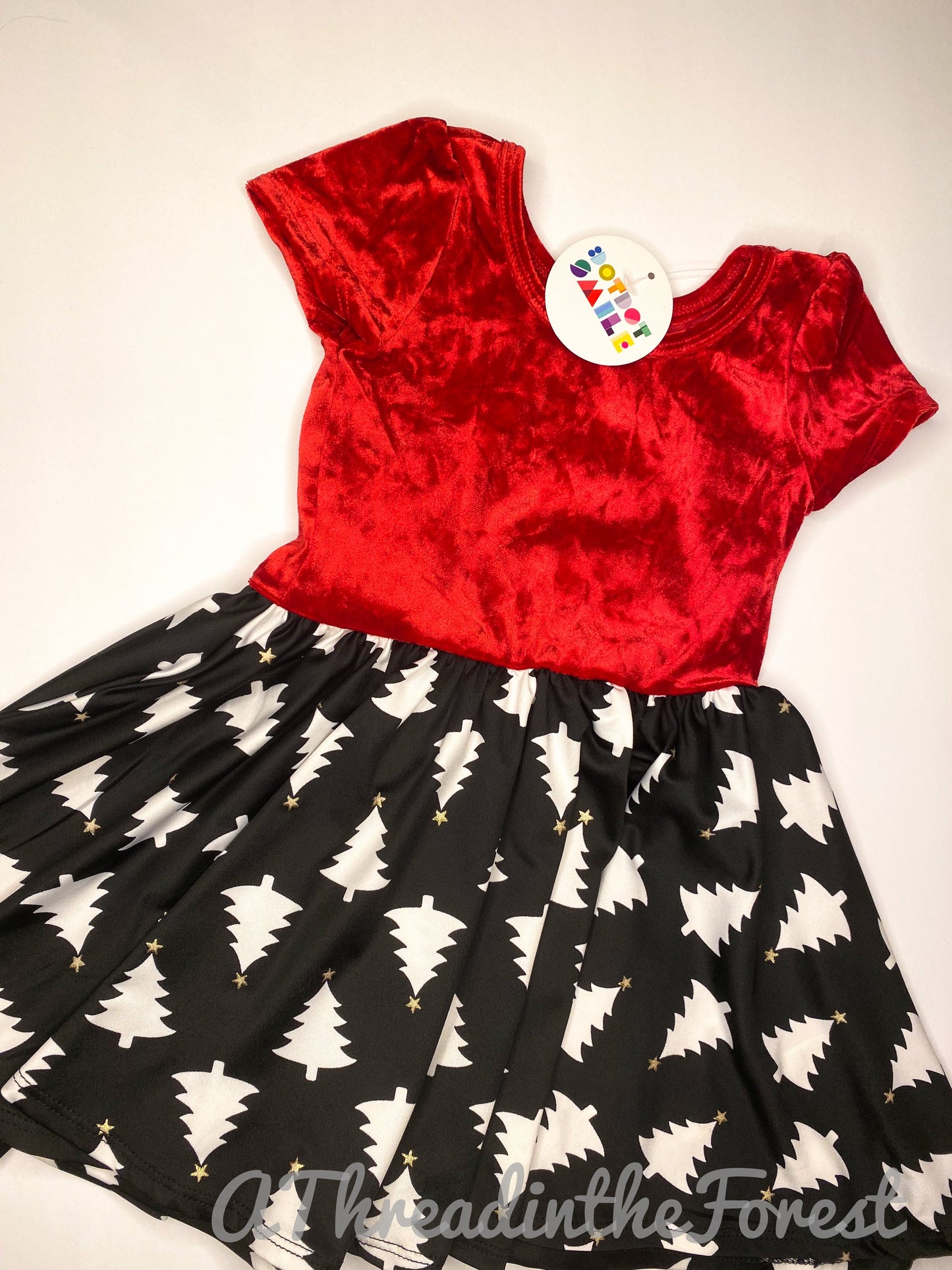 Red Velour and Christmas Tree Print Skirt Size 2T - Fancy Classic Cap Style Dress