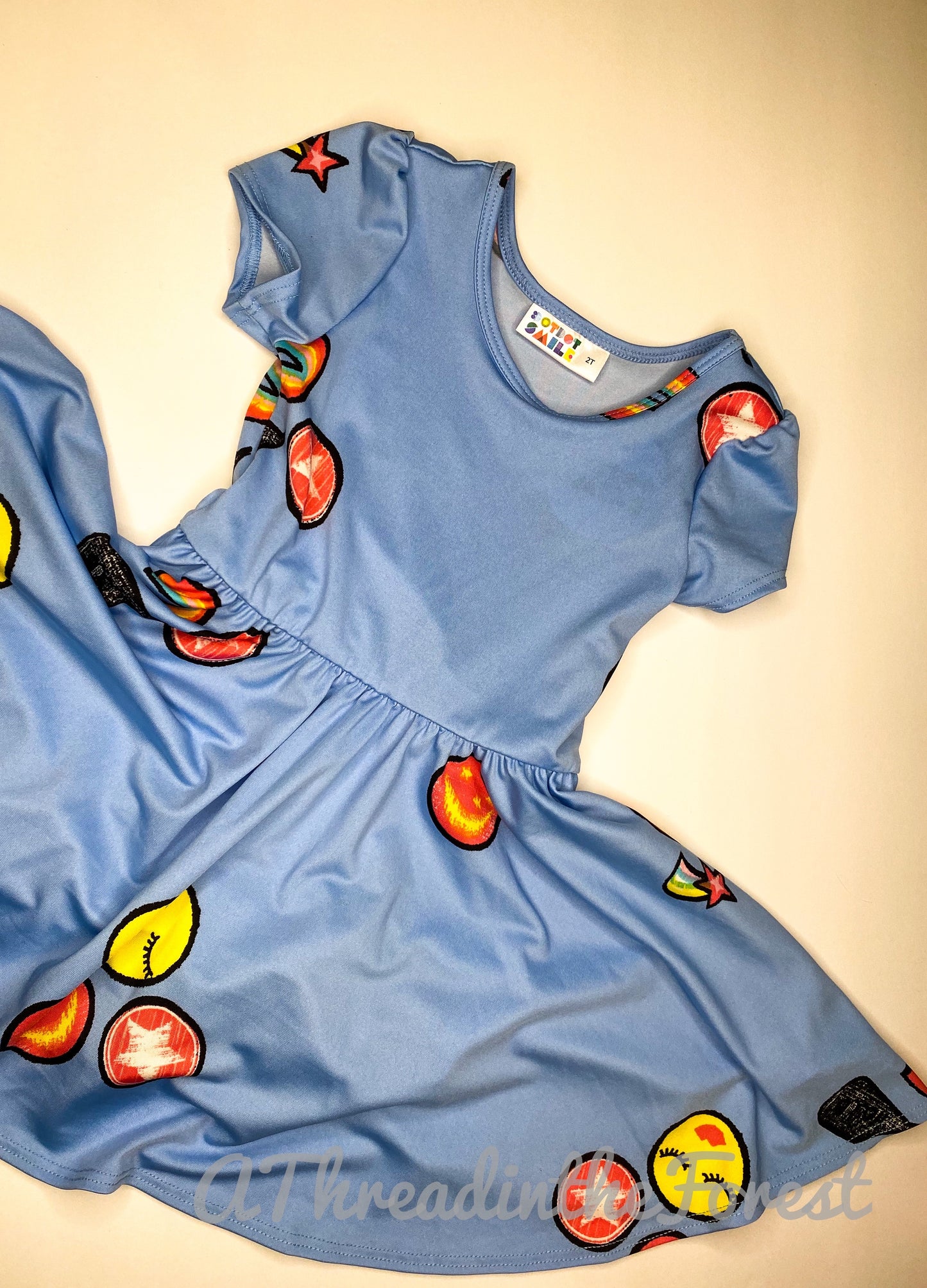 Blue Emoji Dress Size 2T - Classic Cap Style Dress - Dot Dot Smile