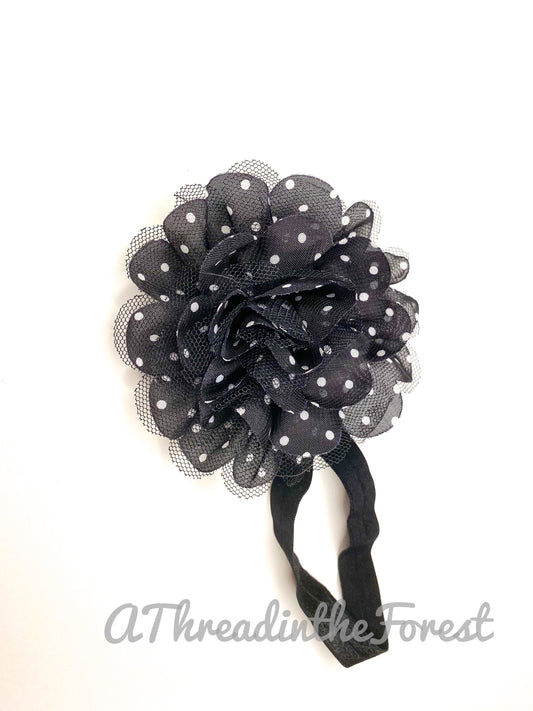 Black Flower with white polka dots Headband