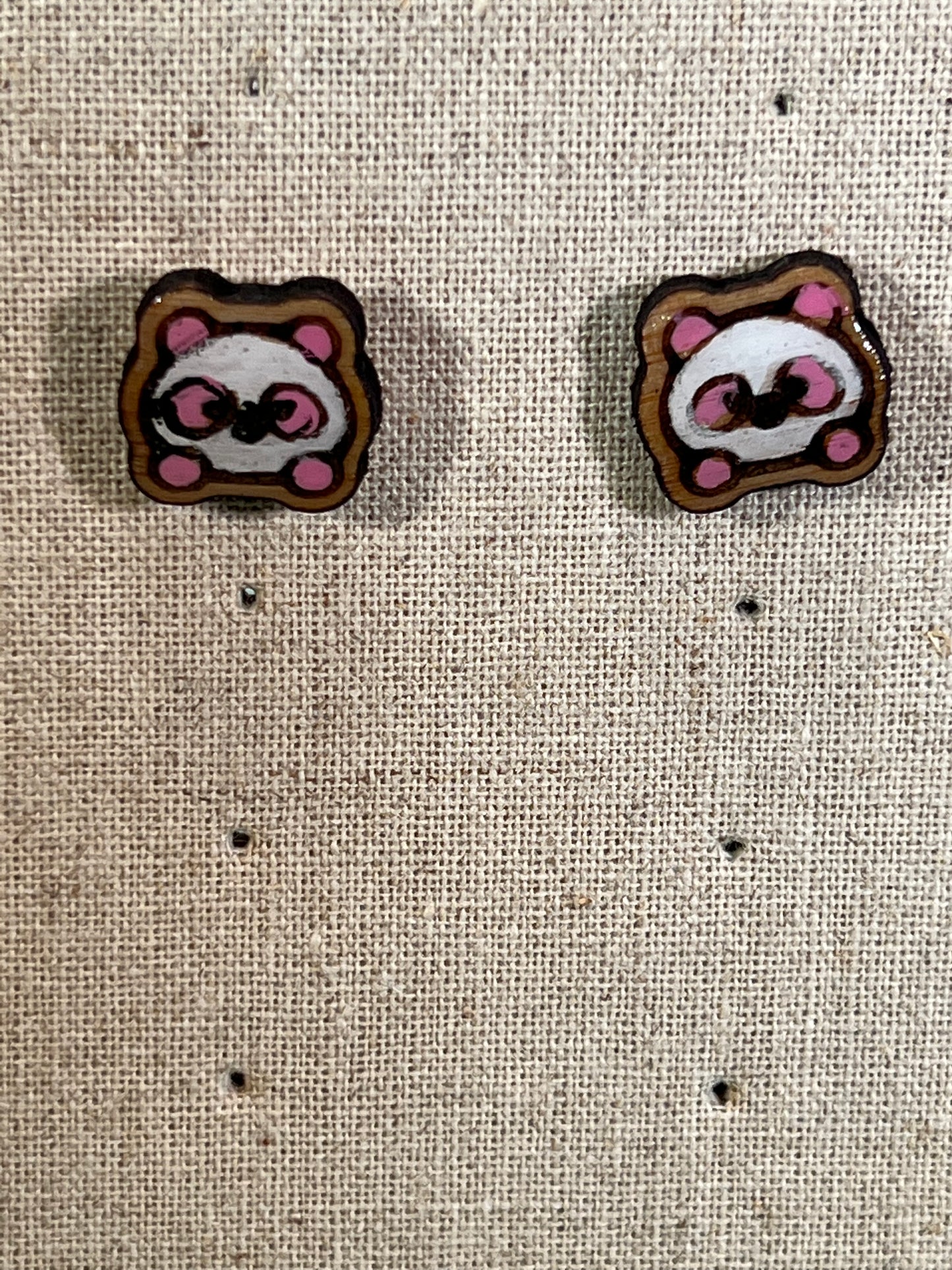 Wood Pink Panda Earrings  - Handmade Earring Pair