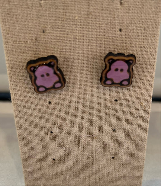 Wood Purple Hippo Earrings  - Handmade Earring Pair