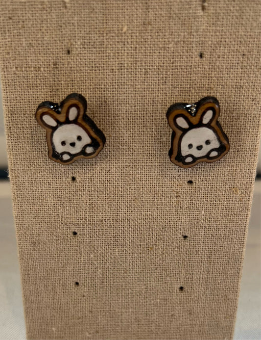 Wood White Bunny Earrings  - Handmade Earring Pair