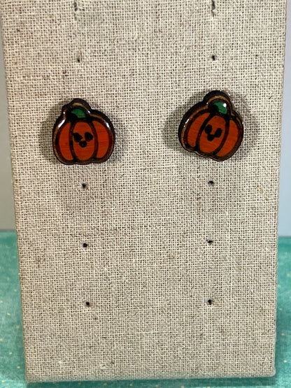 Kawaii Pumpkin Earrings Handpainted Wooden Studs Pair