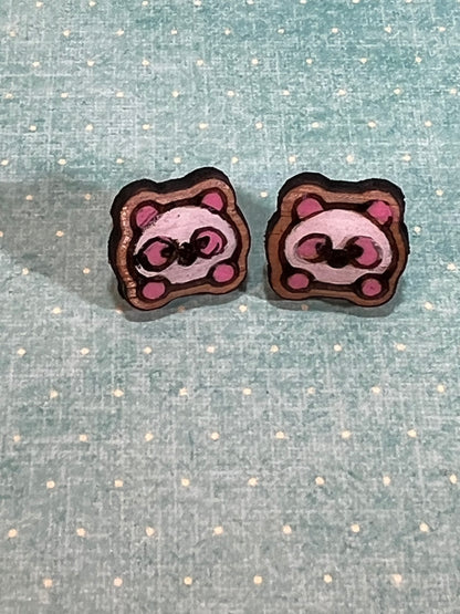 Wood Pink Panda Earrings  - Handmade Earring Pair