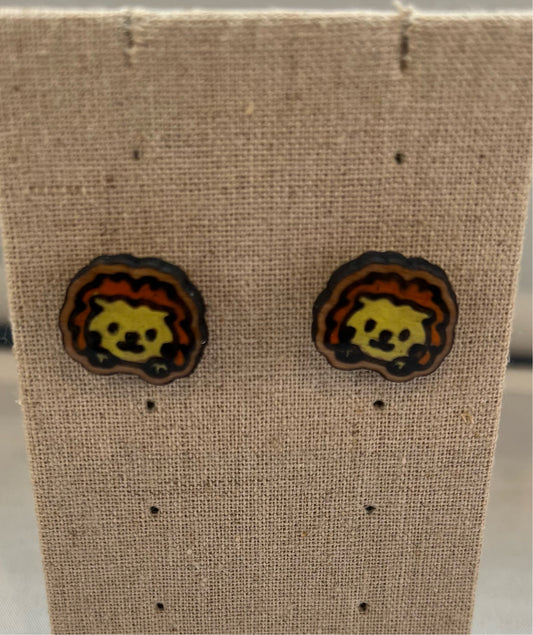 Wood Lion Earrings  - Handmade Earring Pair