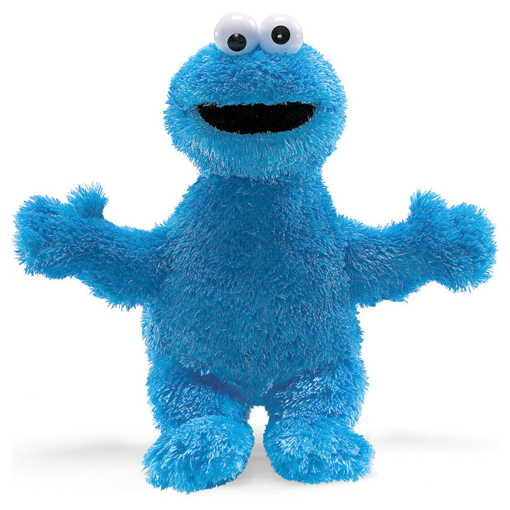 A blue plush doll representing the Cookie Monster from Sesame Street, with a soft fabric texture.