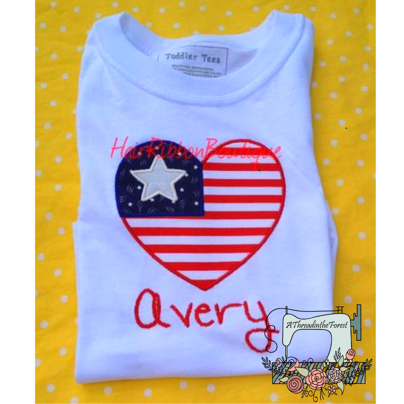 Embroidered shirt with patriotic heart theme.