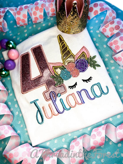 Embroidered unicorn birthday shirt with embroidered name