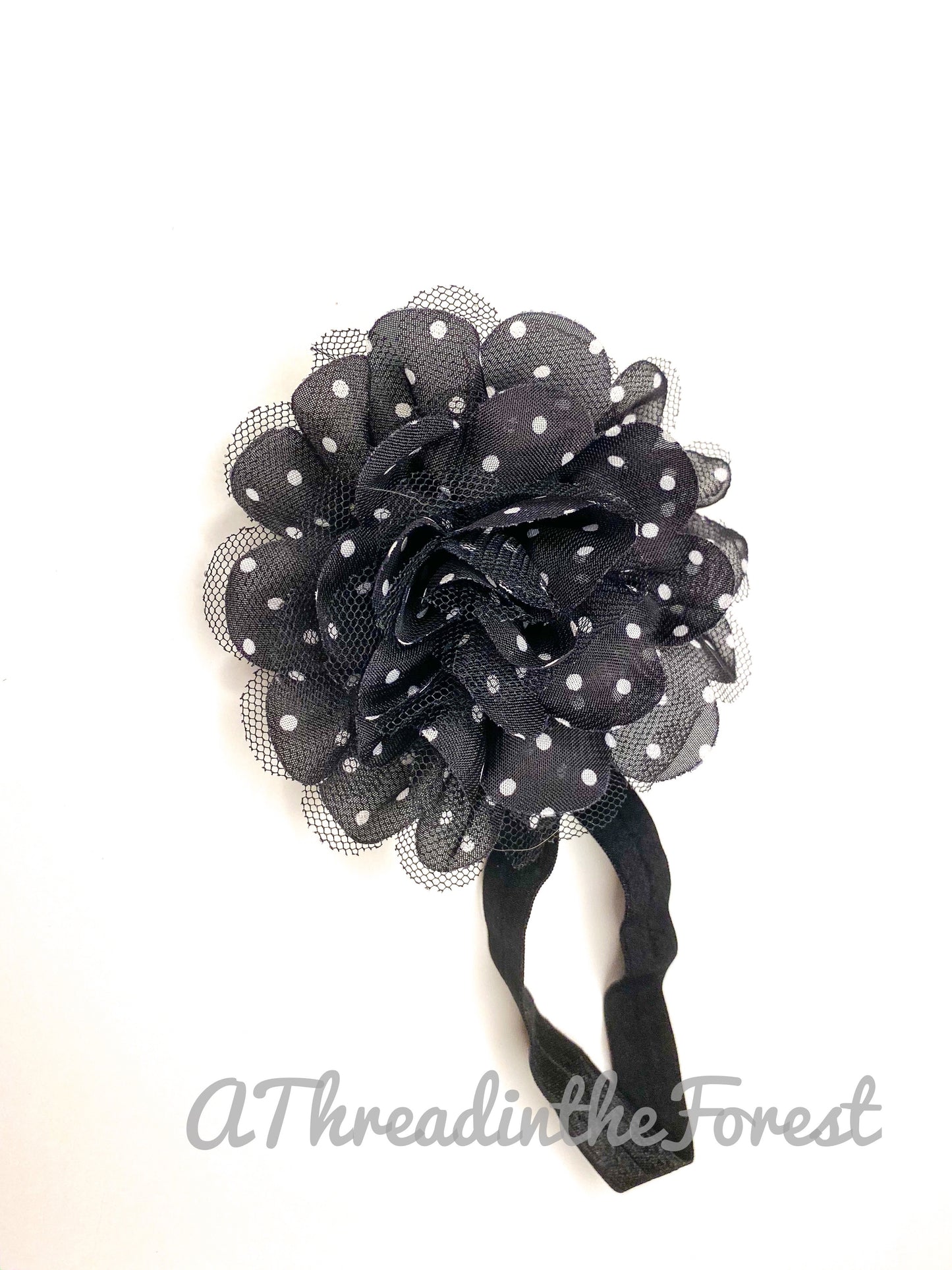 Black Flower with white polka dots Headband